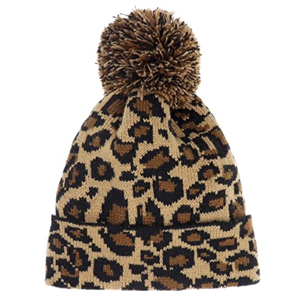 Leopard Print Knit Beanie with Pom Pom - Picture 2 of 7